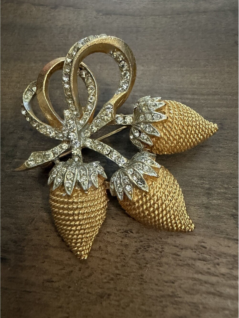Vintage Figural CORO Signed Strawberries Rhinestone Inset Vines & Caps Brooch